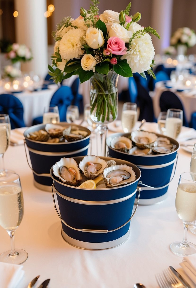 A festive wedding reception table featuring portable oyster buckets filled with fresh seafood, surrounded by elegant place settings and floral centerpieces