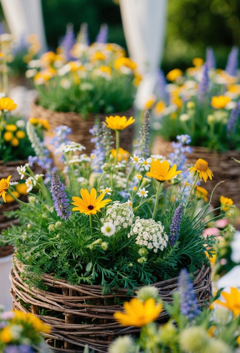 Wildflowers woven into garden arrangements for a wedding, creating a whimsical and romantic scene