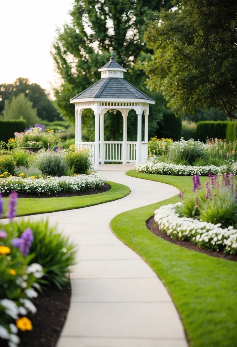 A serene outdoor garden with blooming flowers, winding pathways, and a charming gazebo, perfect for hosting a romantic wedding ceremony