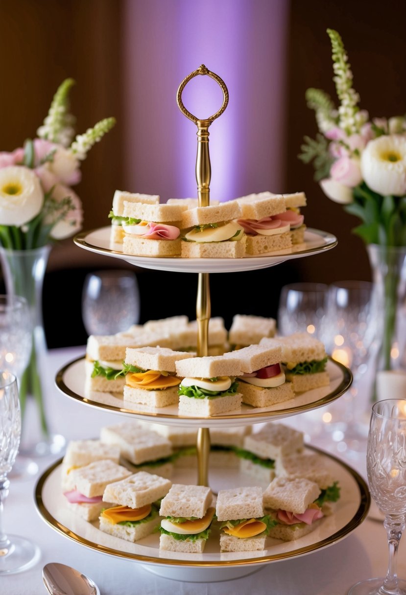 A platter of dainty finger sandwiches arranged on a tiered stand, surrounded by delicate floral centerpieces and sparkling glassware