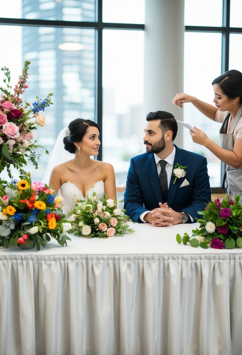 A bride and groom sit at a table covered in floral arrangements, discussing budget-friendly options with a florist. A variety of colorful blooms are displayed for consideration