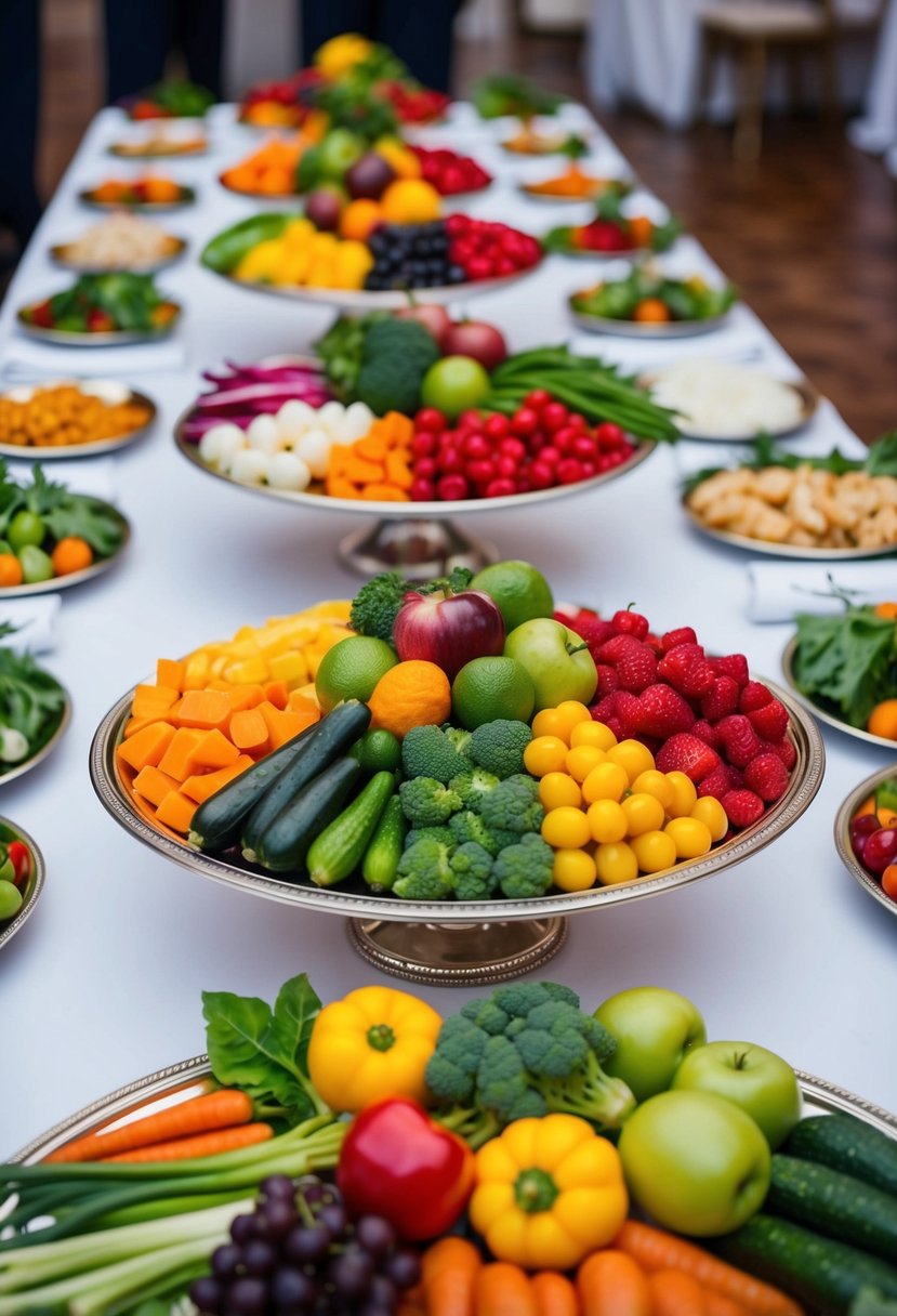 A colorful array of fresh vegetables and fruits arranged on elegant trays for a wedding reception