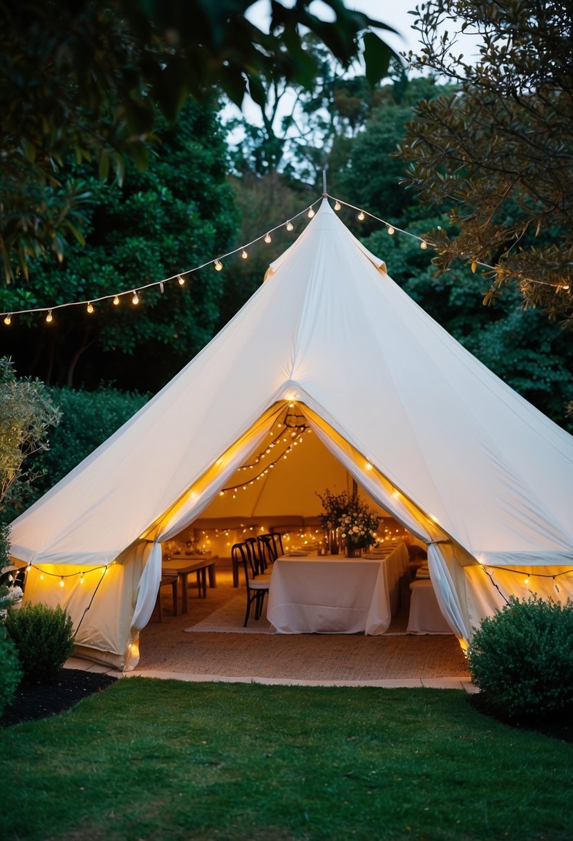 A cozy tent adorned with twinkling fairy lights nestled in a lush garden, creating a romantic ambiance for a wedding celebration