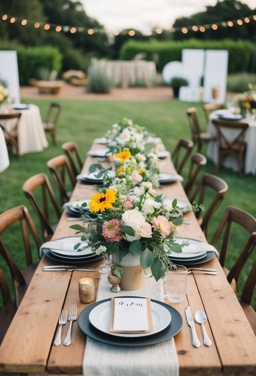 A rustic table adorned with locally sourced flowers, surrounded by budget-friendly wedding decor