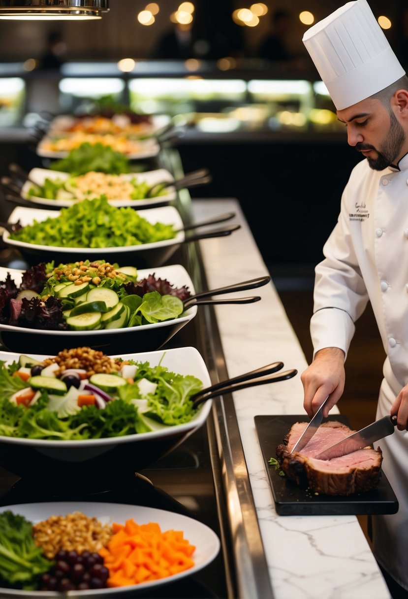 A grand salad bar with a variety of fresh greens and toppings, next to a prime rib carving station with a chef expertly slicing the juicy meat