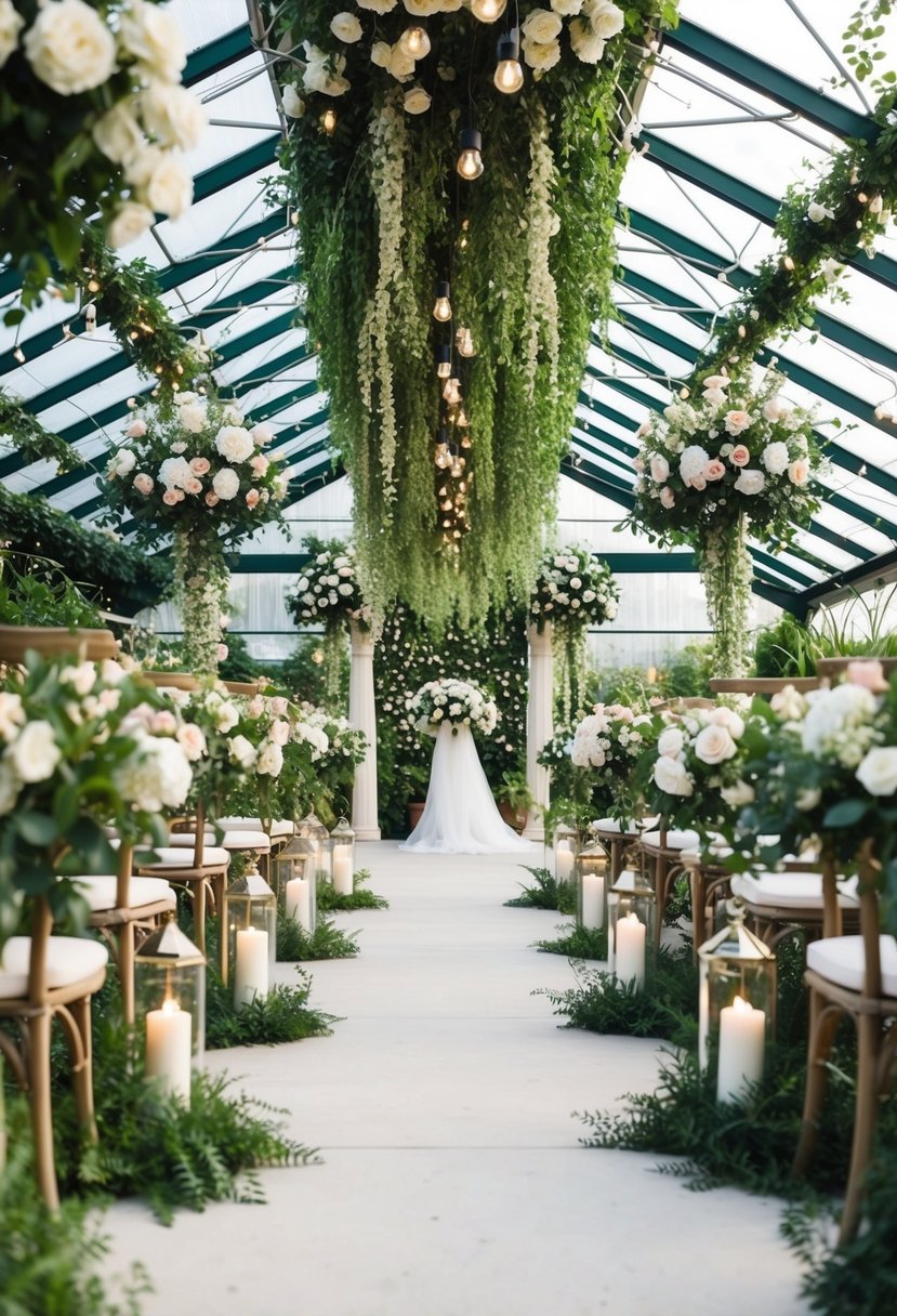 A lush greenhouse with cascading greenery, blooming flowers, and twinkling lights, set up for a romantic garden wedding ceremony