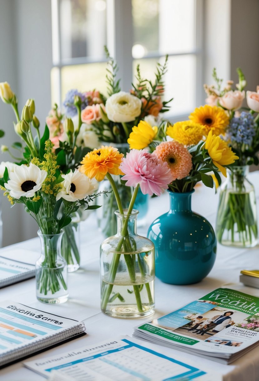 A table with an assortment of seasonal blooms in various vases, surrounded by budgeting spreadsheets and wedding magazines