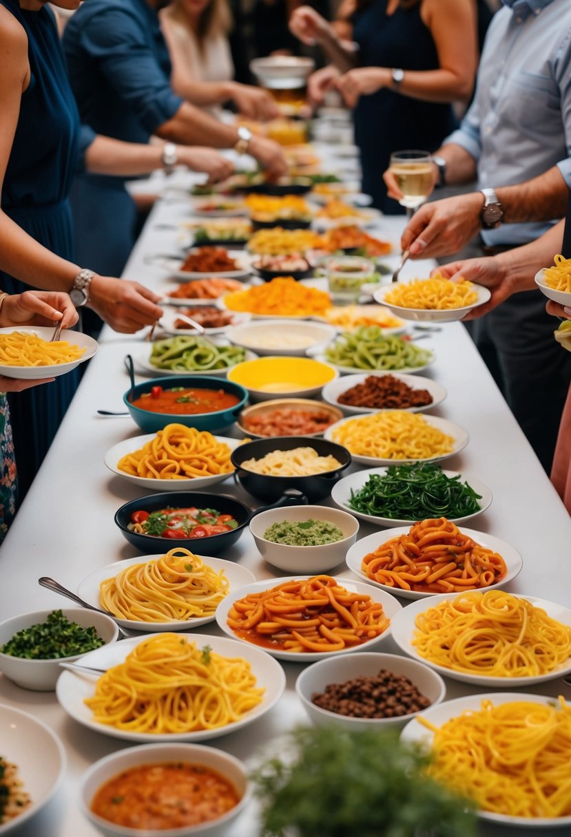 A colorful array of pasta, sauces, and toppings spread out on a long table, with guests mingling and creating their own custom pasta dishes