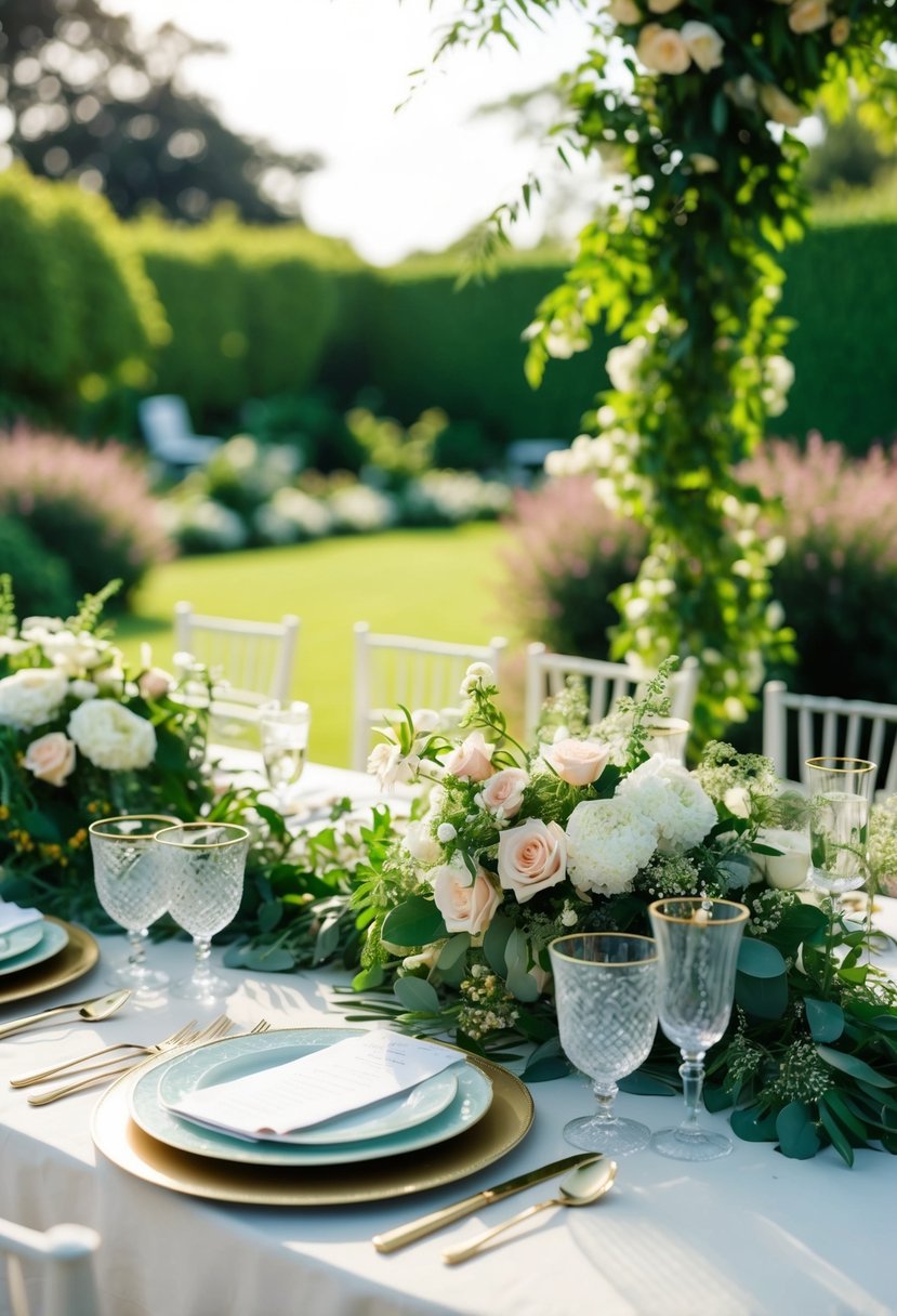 A garden wedding with lush florals adorning an ornate table setting