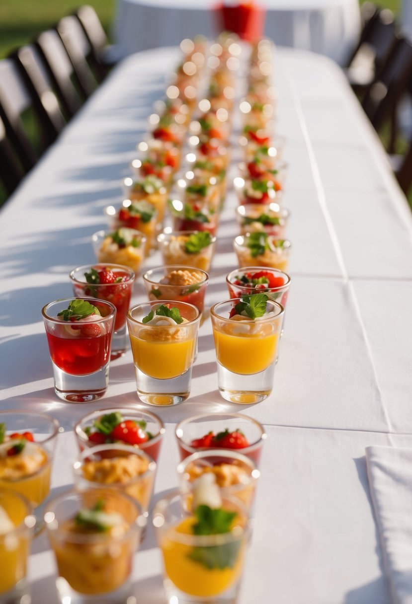 A table lined with shot glasses filled with colorful appetizers for a wedding reception