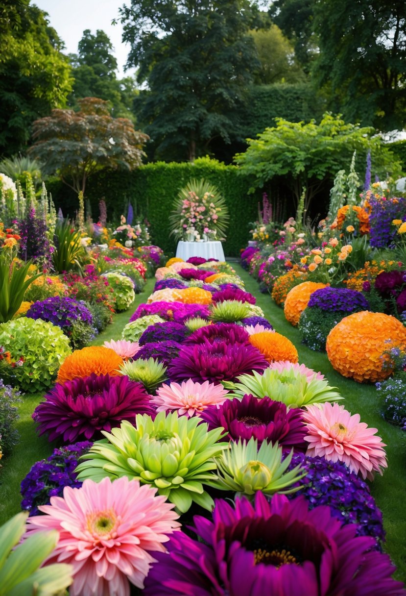 A lush garden filled with oversized, vibrant flowers in various hues, creating a striking and impactful display for a wedding