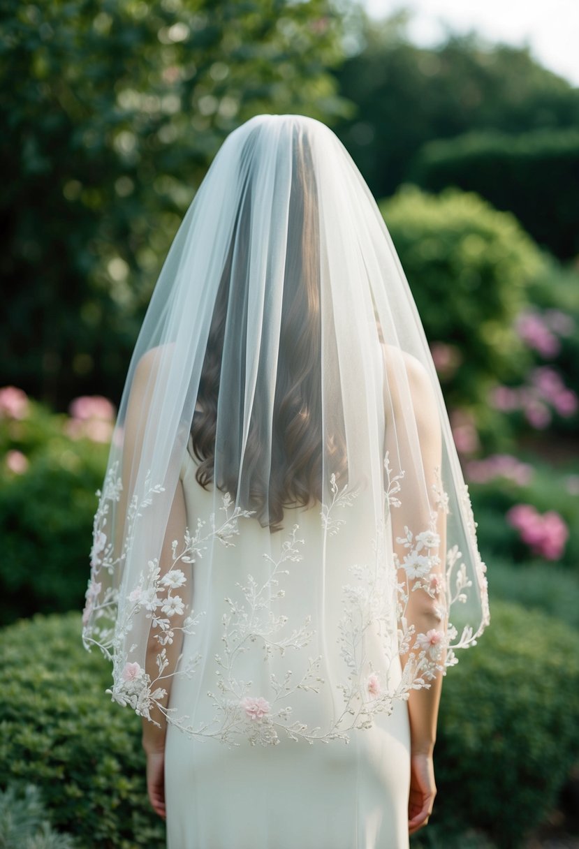 A flowing veil adorned with delicate embroidered flowers, set against a lush garden backdrop