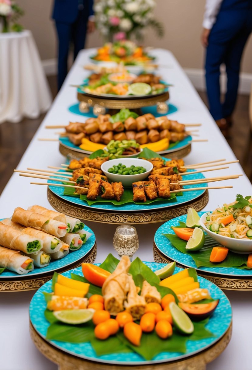 A colorful spread of Thai-inspired munchies, including spring rolls, satay skewers, and papaya salad, arranged on decorative platters at a wedding reception