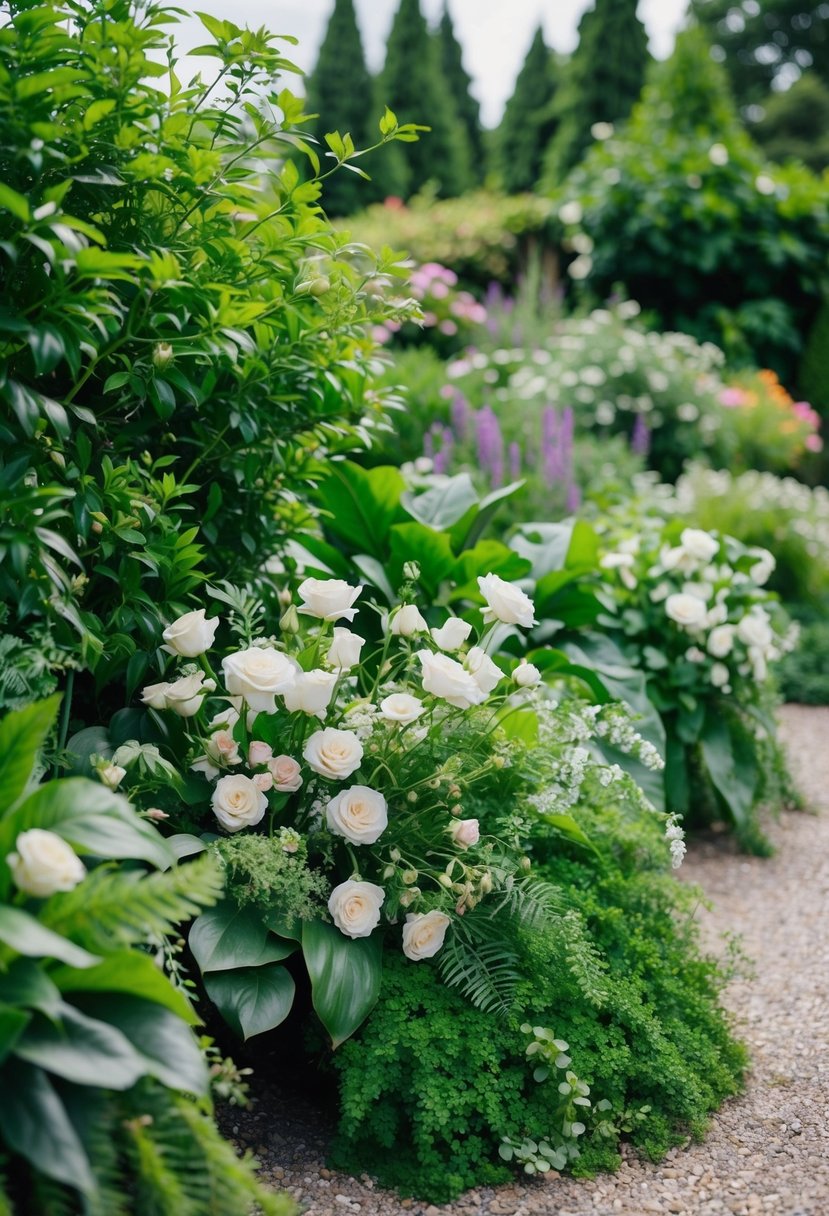 A lush garden overflowing with greenery and vibrant foliage, accented with delicate wedding flowers, all within a budget-friendly arrangement