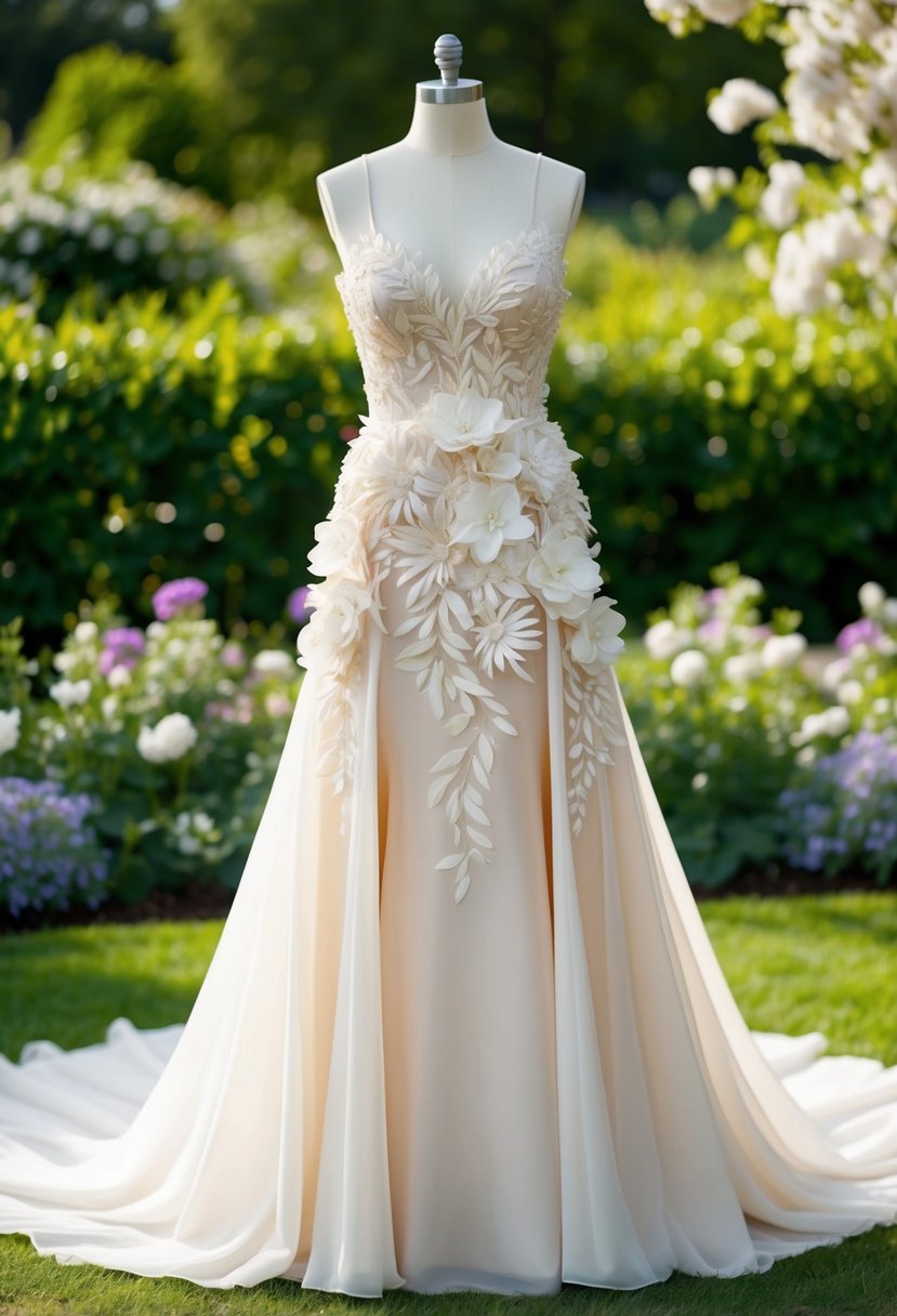 A flowing gown with 3D floral details, set against a backdrop of lush greenery and blooming flowers at a garden wedding