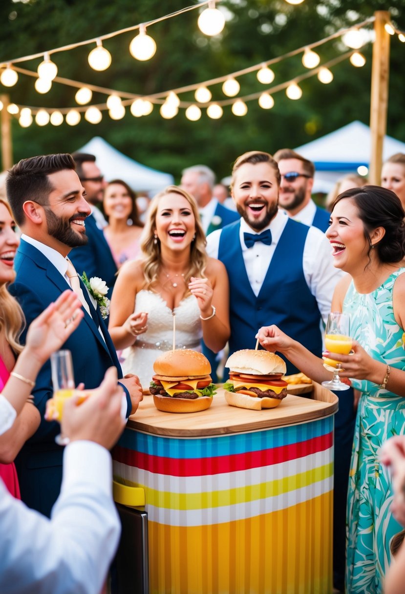 A bustling outdoor wedding reception with a colorful Hamburger and Hot Dog Stand, surrounded by joyful guests enjoying the casual and festive atmosphere