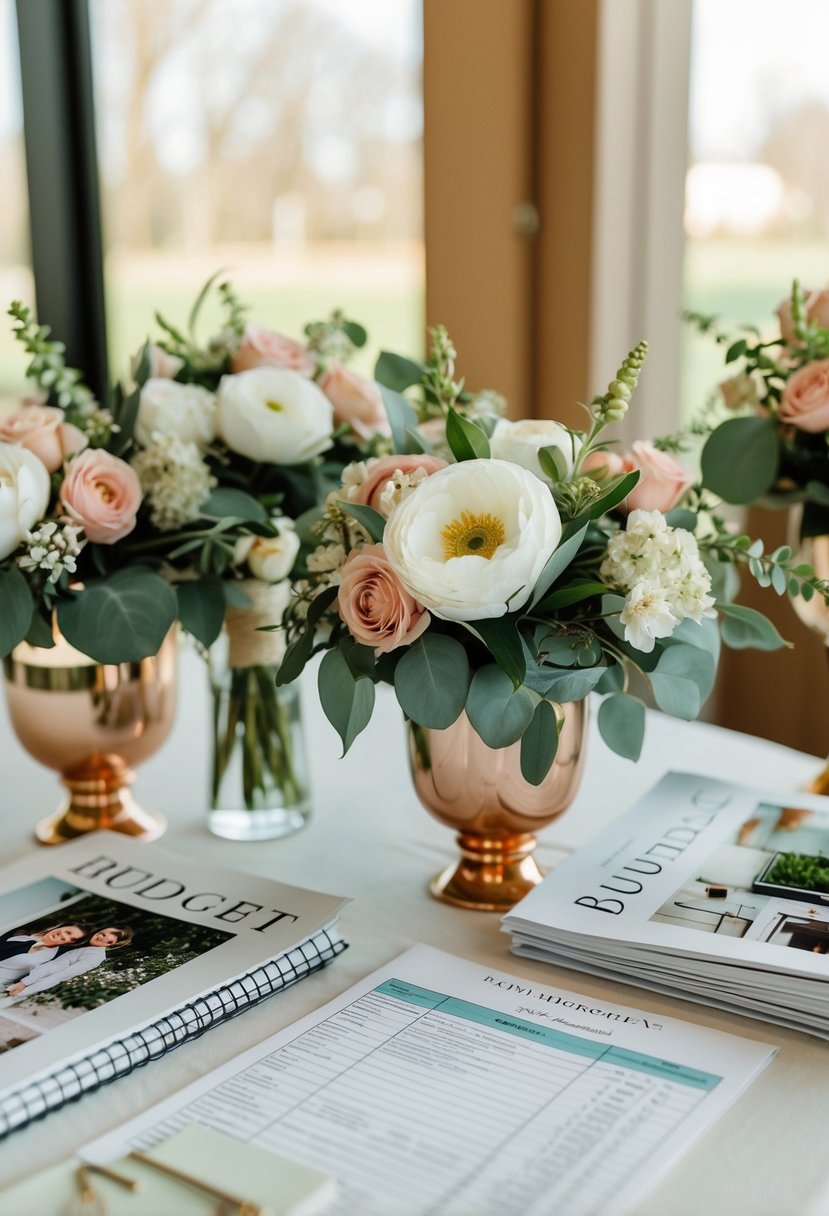 A table with faux floral arrangements, wedding magazines, and a budget spreadsheet