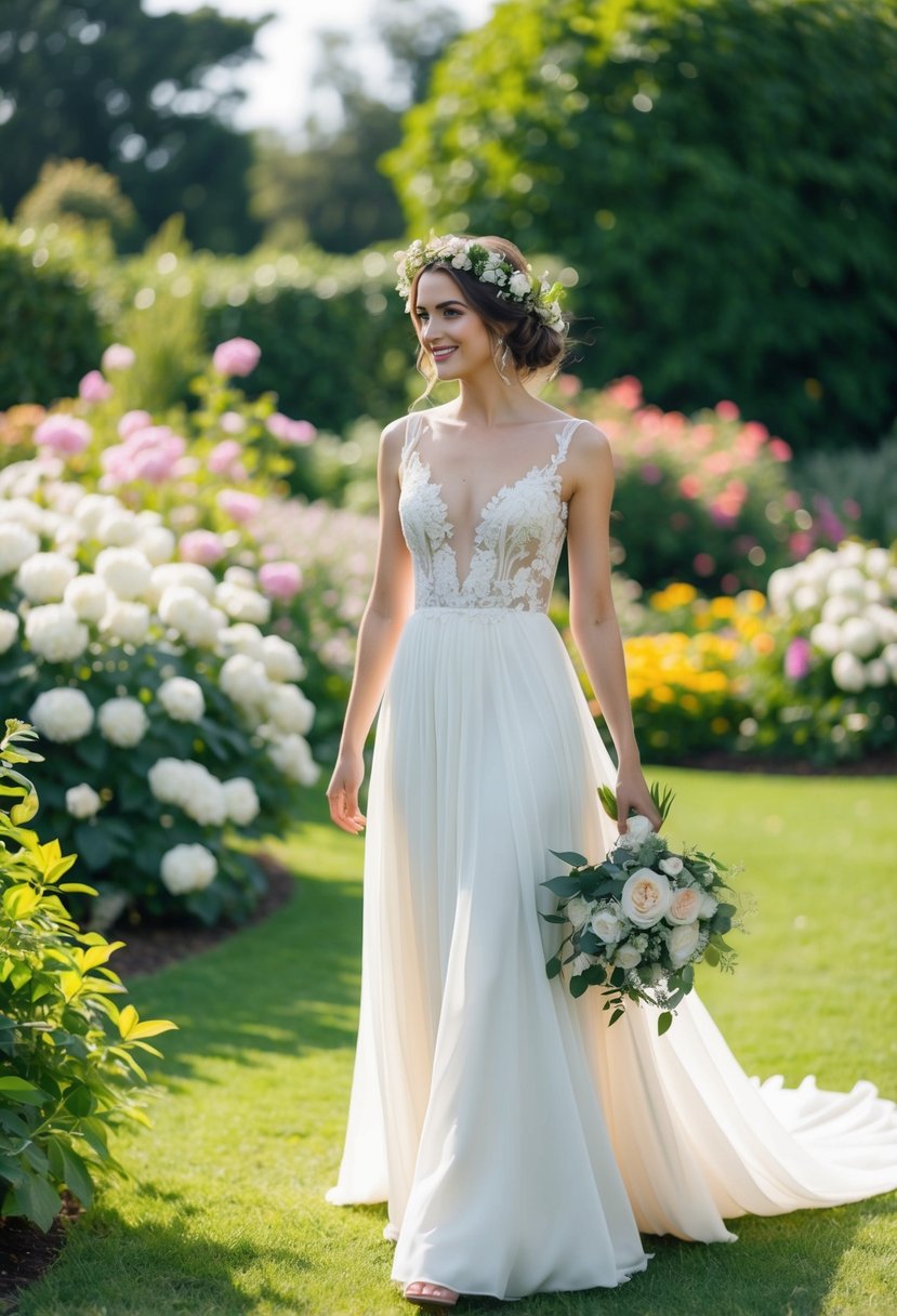 A bride with a flowing white gown and a floral hairpiece stands in a lush garden, surrounded by blooming flowers and greenery