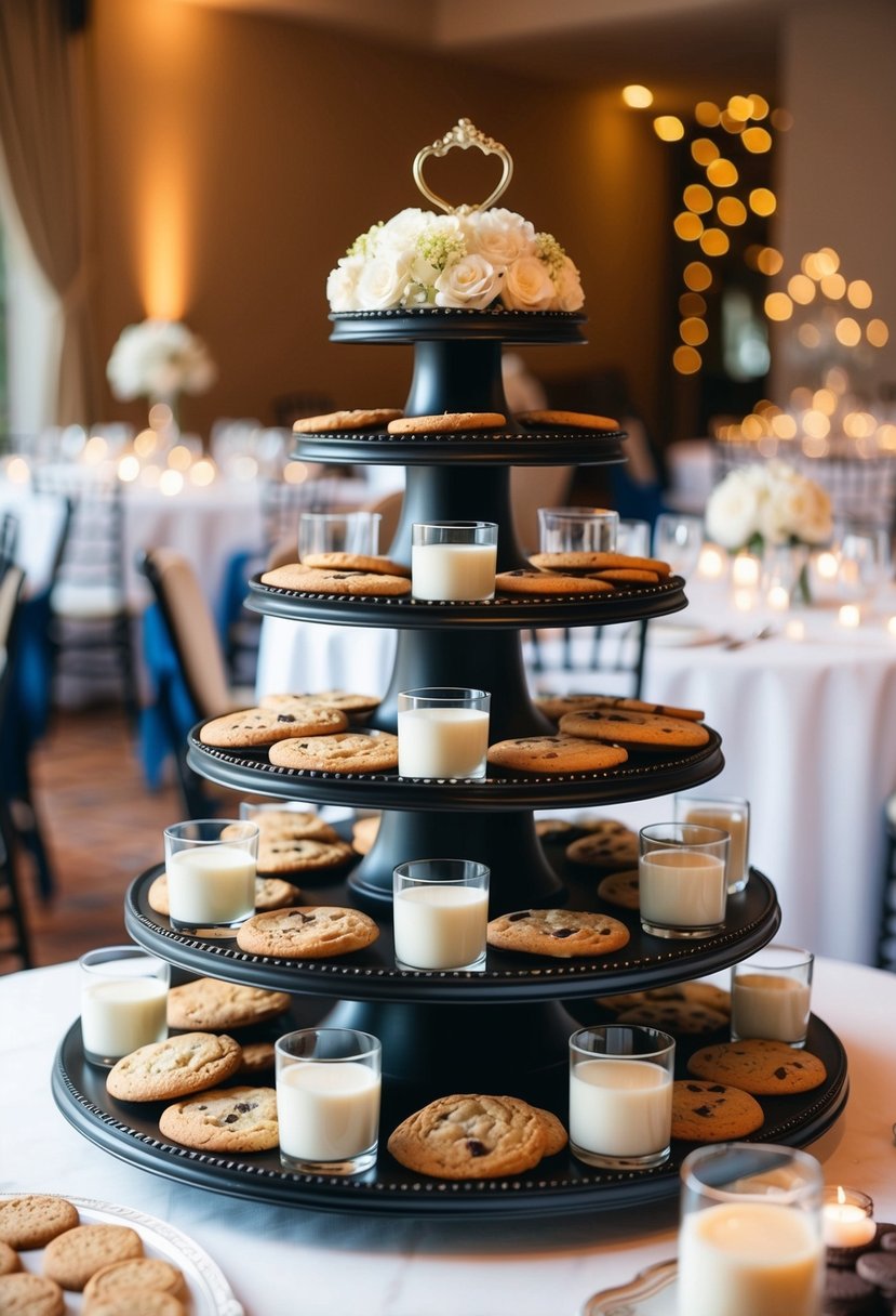 A multi-tiered display showcases an array of cookies and glasses of milk, elegantly arranged for a wedding reception