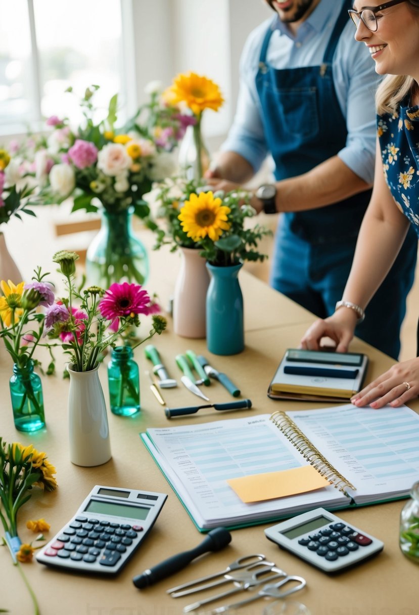 A table with various flowers, vases, and tools. A budget planner and calculator sit nearby. A happy couple discusses arrangements