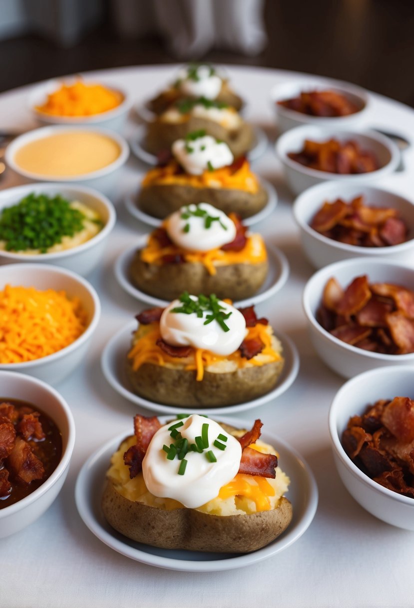 A table set with a variety of baked potato toppings, including sour cream, chives, cheese, bacon, and chili, arranged for a wedding reception buffet