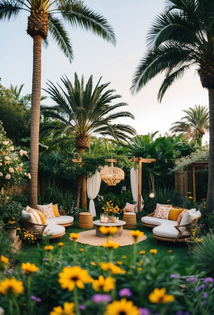 A lush garden with swaying palm trees, vibrant wildflowers, and cozy bohemian seating areas, creating the perfect setting for a romantic wedding