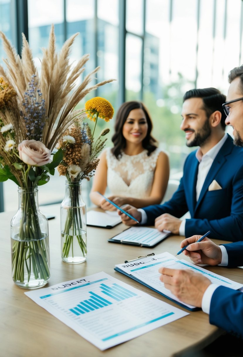 A table with vases of fresh and dried flowers, a budget spreadsheet, and a happy couple discussing wedding plans