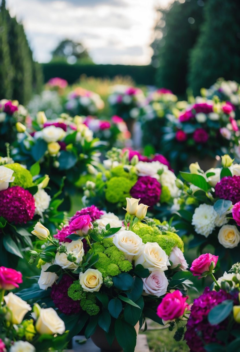 Lush, vibrant bouquets fill a garden, creating a dramatic and romantic atmosphere for a wedding