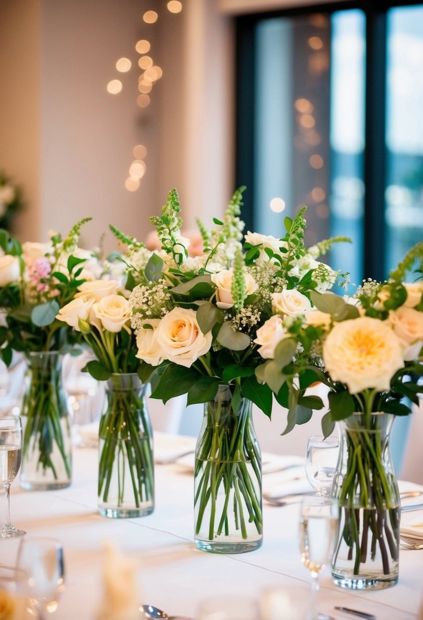 Bridesmaid bouquets arranged in glass vases on reception tables