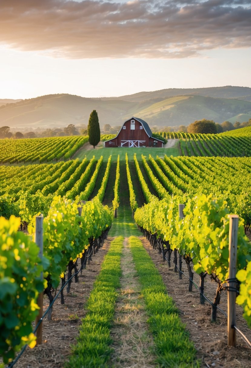 A lush vineyard with rolling hills, rows of grapevines, and a charming rustic barn in the distance