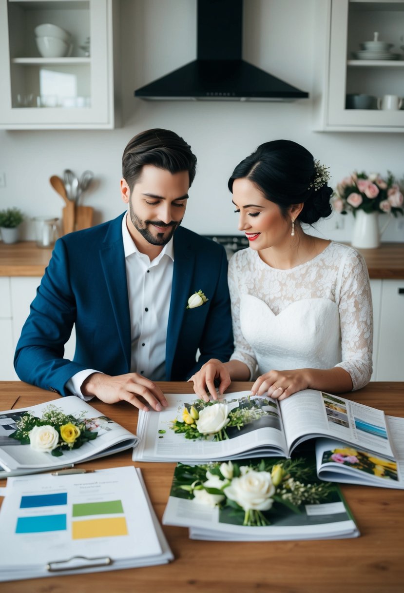 A couple sits at a kitchen table, surrounded by wedding magazines and budget spreadsheets. They discuss flower options and prices, trying to find a balance between their dream arrangements and their financial constraints