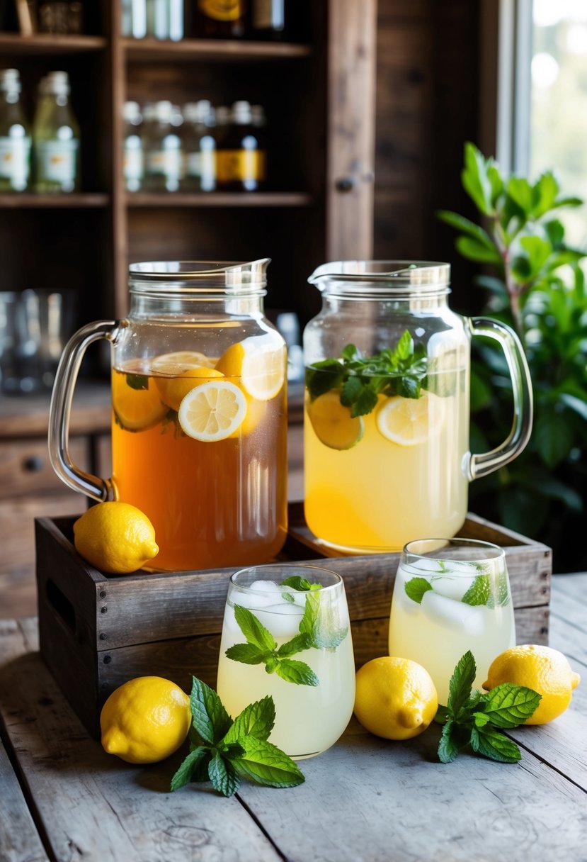 A rustic beverage station with pitchers of sweet tea and lemonade, surrounded by fresh lemons and a bouquet of mint leaves