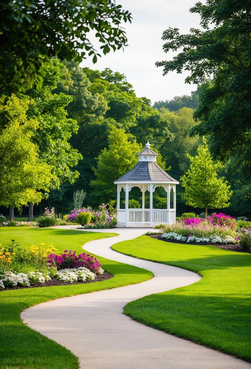 A serene park with lush greenery and colorful flowers, a charming gazebo, and a winding path, perfect for a budget-friendly garden wedding