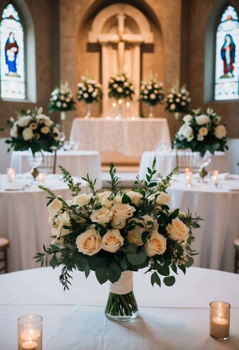 Floral arrangements on tables and at the altar, sparingly placed to conserve budget