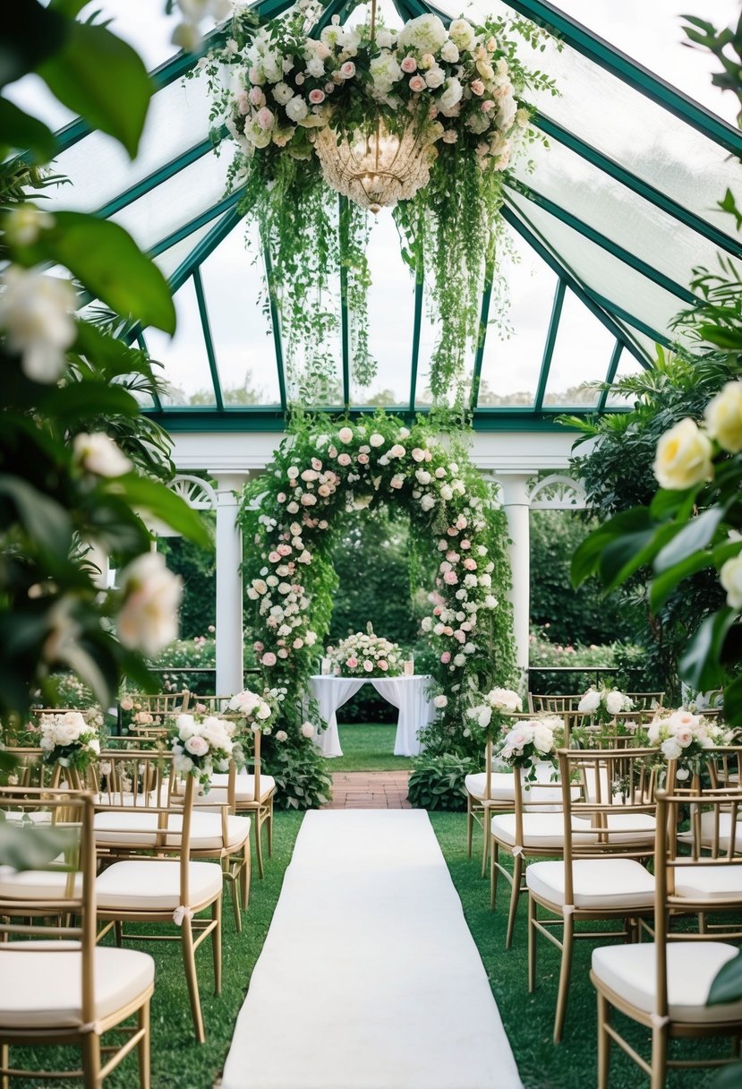 A lush conservatory with cascading greenery, blooming flowers, and elegant seating for a romantic garden wedding ceremony