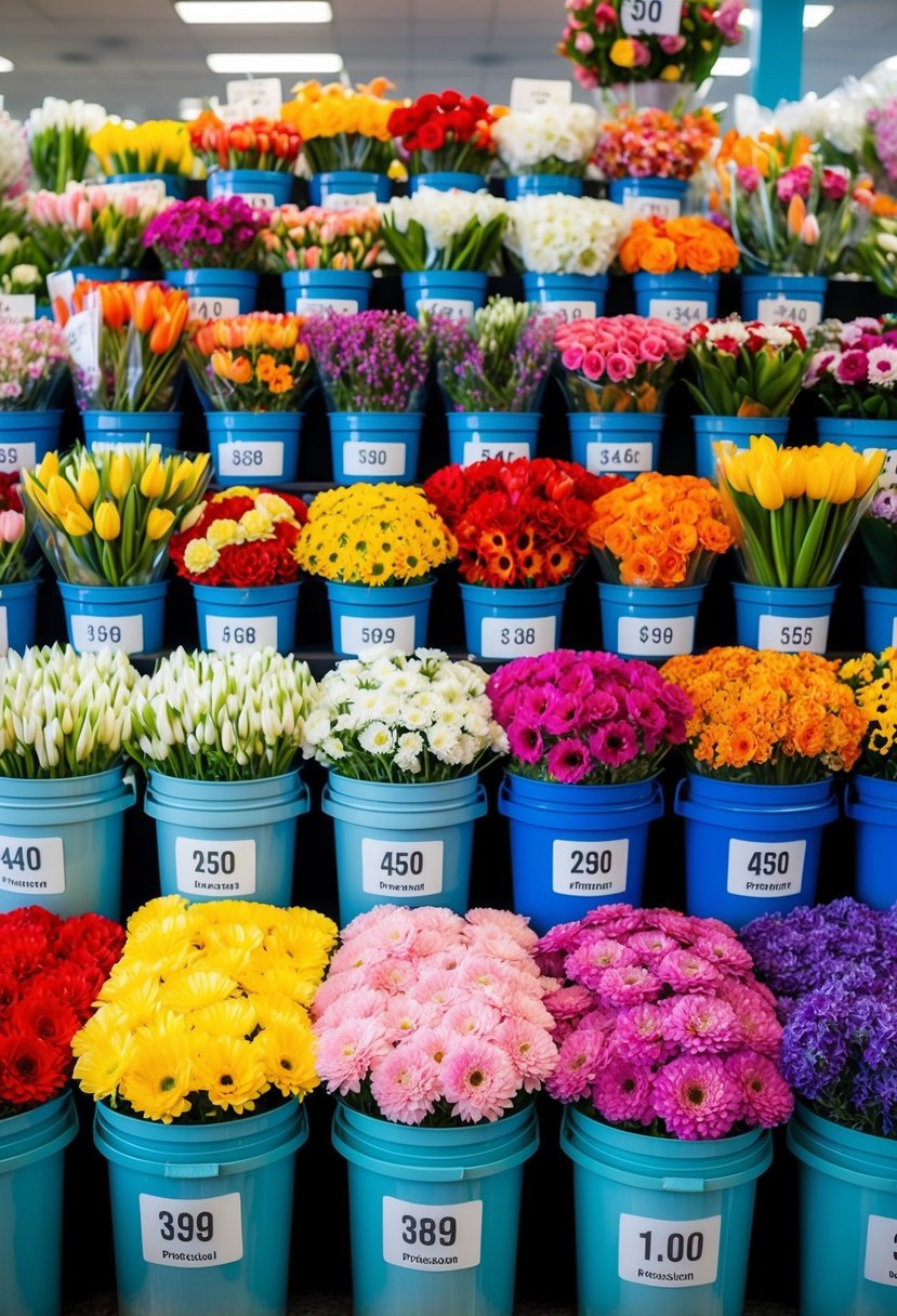 A colorful array of fresh flowers in various sizes and types, neatly arranged in buckets and vases, with price tags displayed at a discount floral supplier