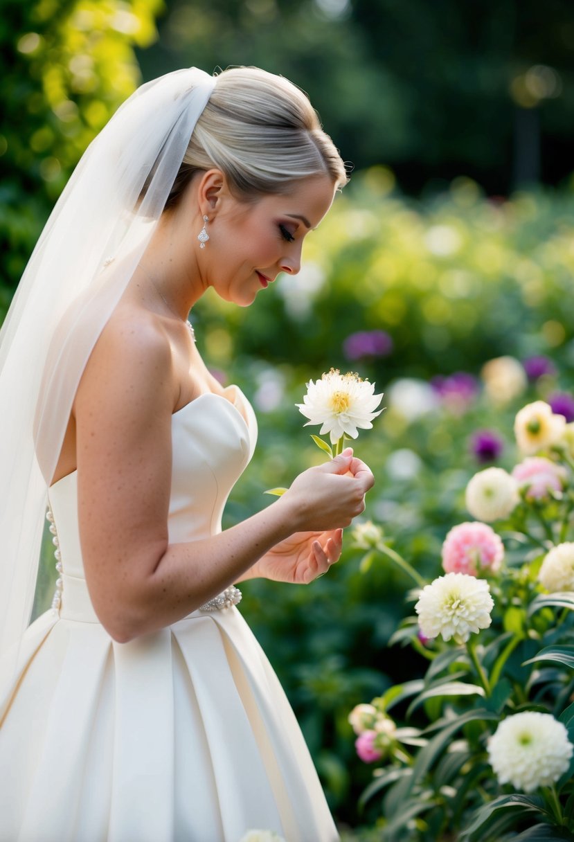 A bride carefully selects a single, exquisite bloom from a lush garden, ignoring the abundance of less impressive flowers surrounding her