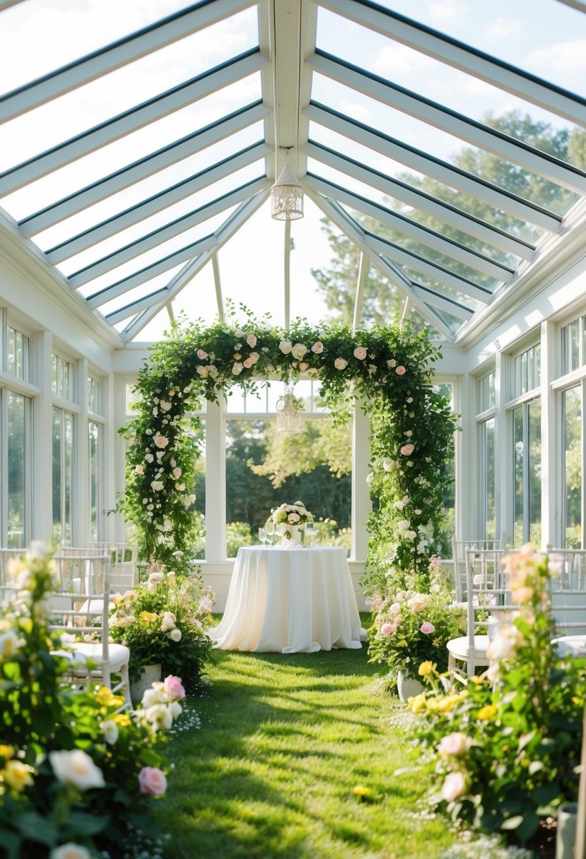 A sun-drenched sunroom with lush greenery and blooming flowers, set up for a garden wedding with elegant decor and soft, natural lighting