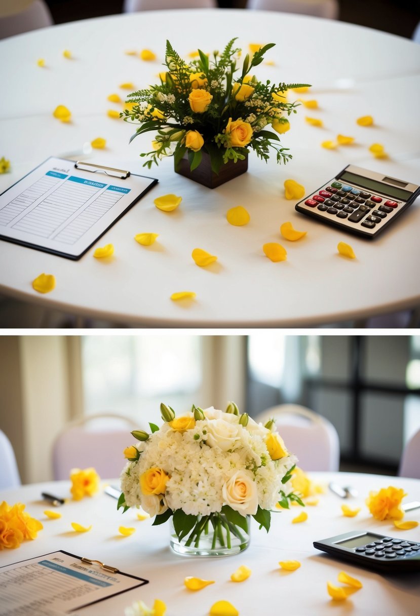 Two different centerpiece designs on a table with scattered flower petals. A budgeting sheet and calculator sit nearby