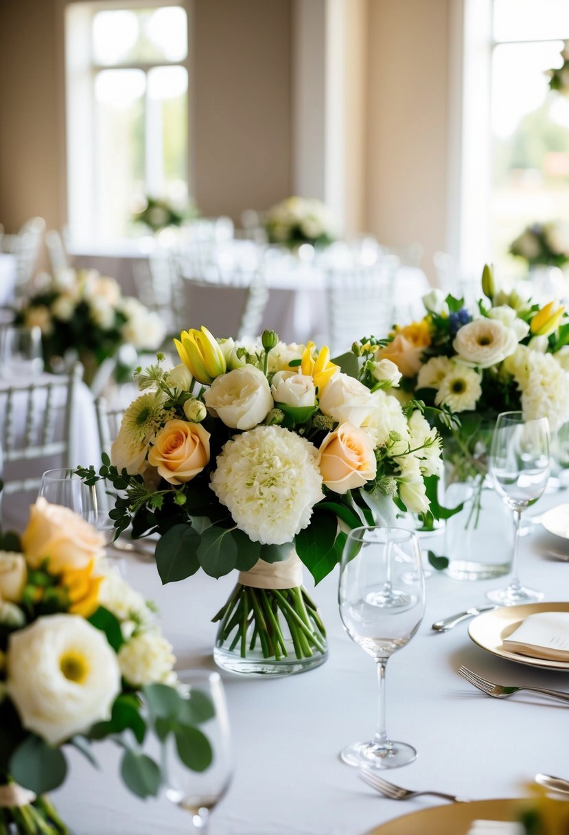 Flowers from the ceremony are elegantly arranged on reception tables, creating a beautiful and cost-effective wedding decor