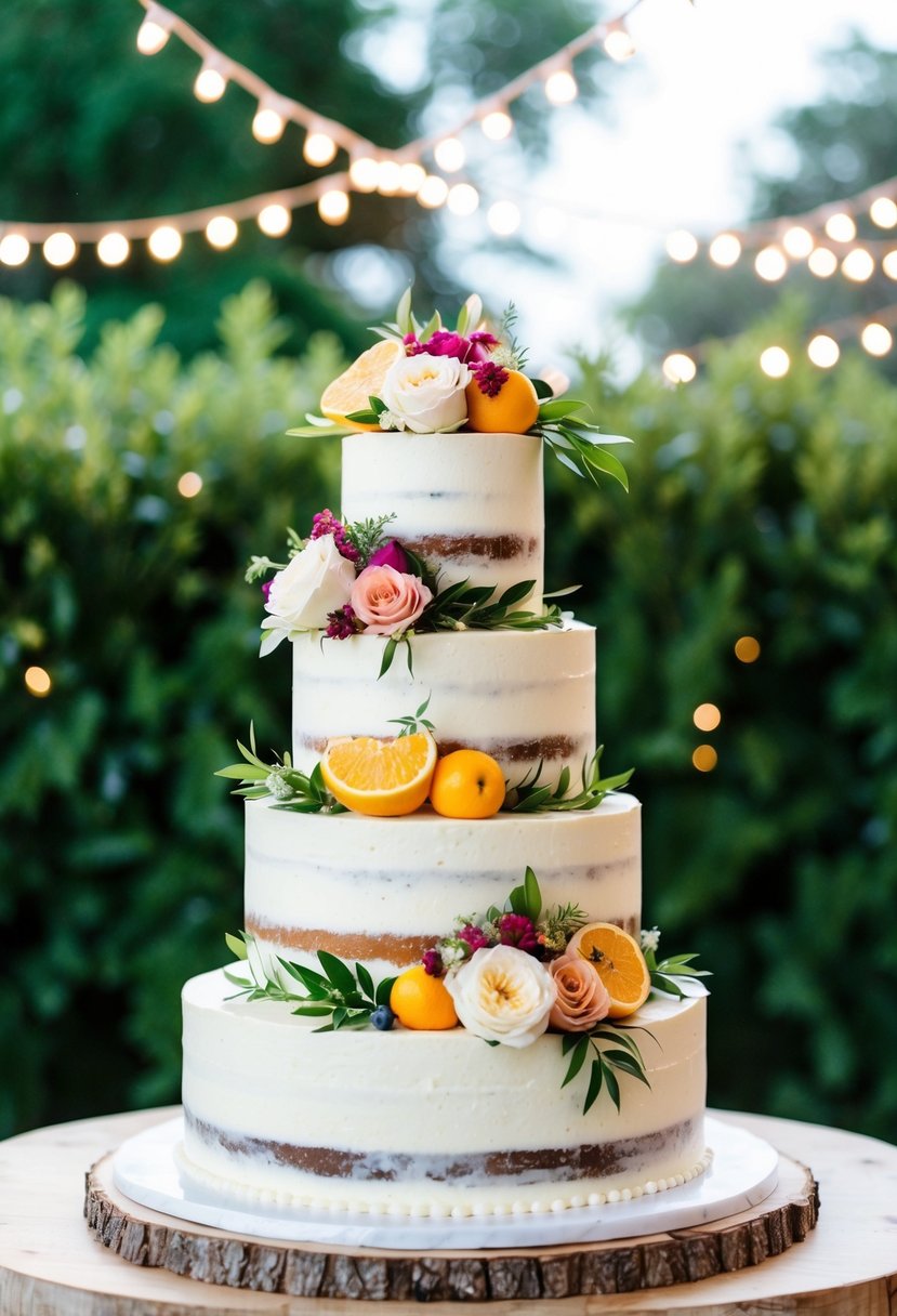 A three-tiered wedding cake adorned with fresh flowers and fruit, set against a backdrop of lush greenery and twinkling string lights