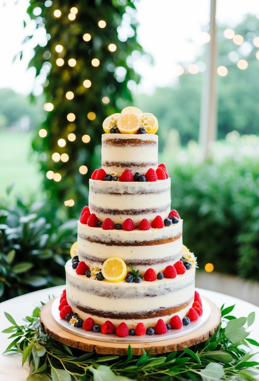 A three-tiered lemon raspberry cake adorned with fresh berries and edible flowers, set against a backdrop of lush greenery and twinkling fairy lights