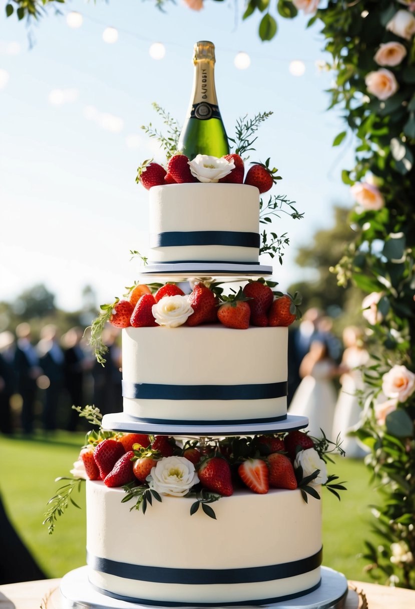 A three-tiered cake with champagne and strawberries, adorned with delicate flowers and greenery, set against a backdrop of a sunny outdoor wedding celebration