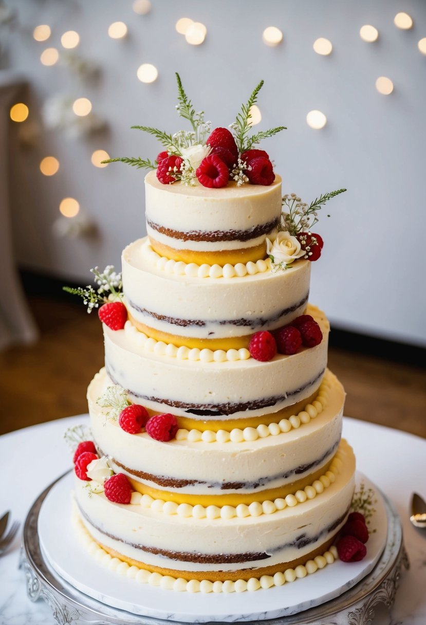 A three-tiered wedding cake with vanilla frosting, filled with layers of lemon curd and fresh raspberries, adorned with delicate floral decorations