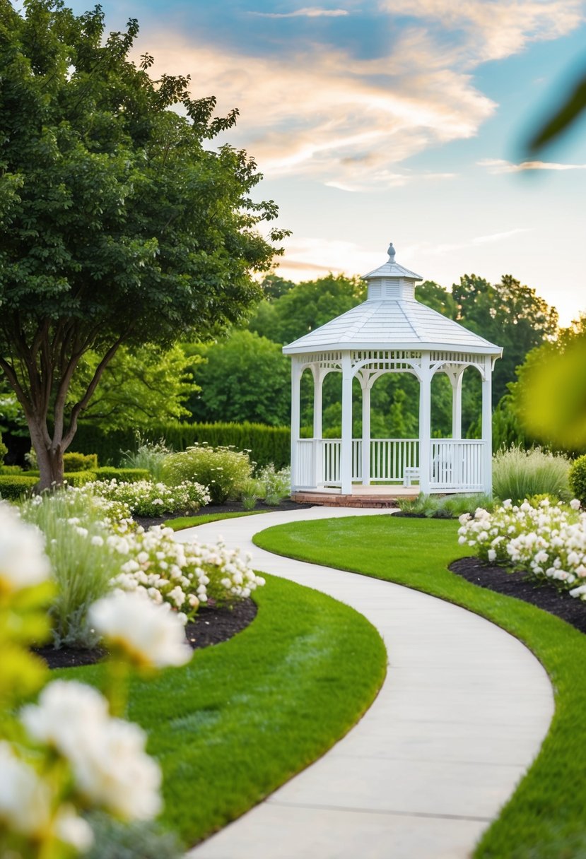 A serene outdoor wedding with a white gazebo, blooming flowers, and a winding path leading to a lush green garden