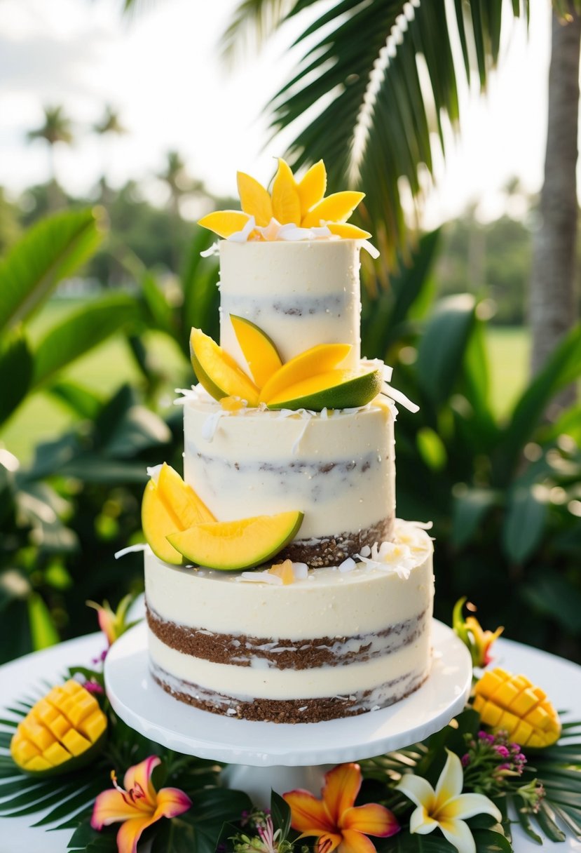 A three-tiered wedding cake adorned with coconut shavings and fresh mango slices, surrounded by tropical flowers and greenery