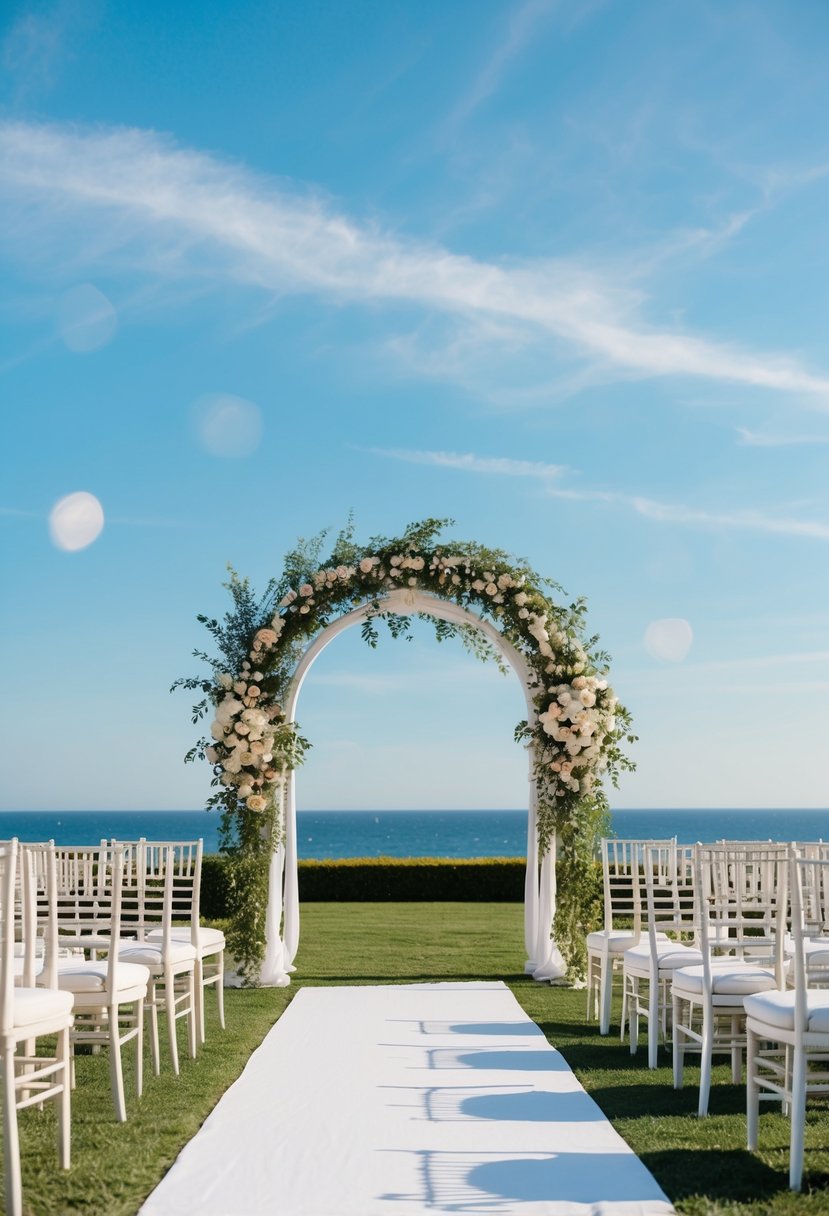 A serene outdoor wedding setting with a beautifully decorated arch, elegant seating, and a clear blue sky overhead