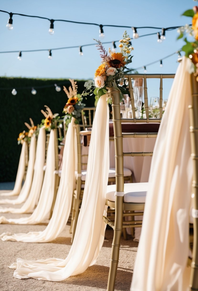 A sunny outdoor wedding with light, flowing fabric draped over chairs and tables. Floral arrangements in warm, earthy tones adorn the space, while string lights hang above, creating a romantic atmosphere