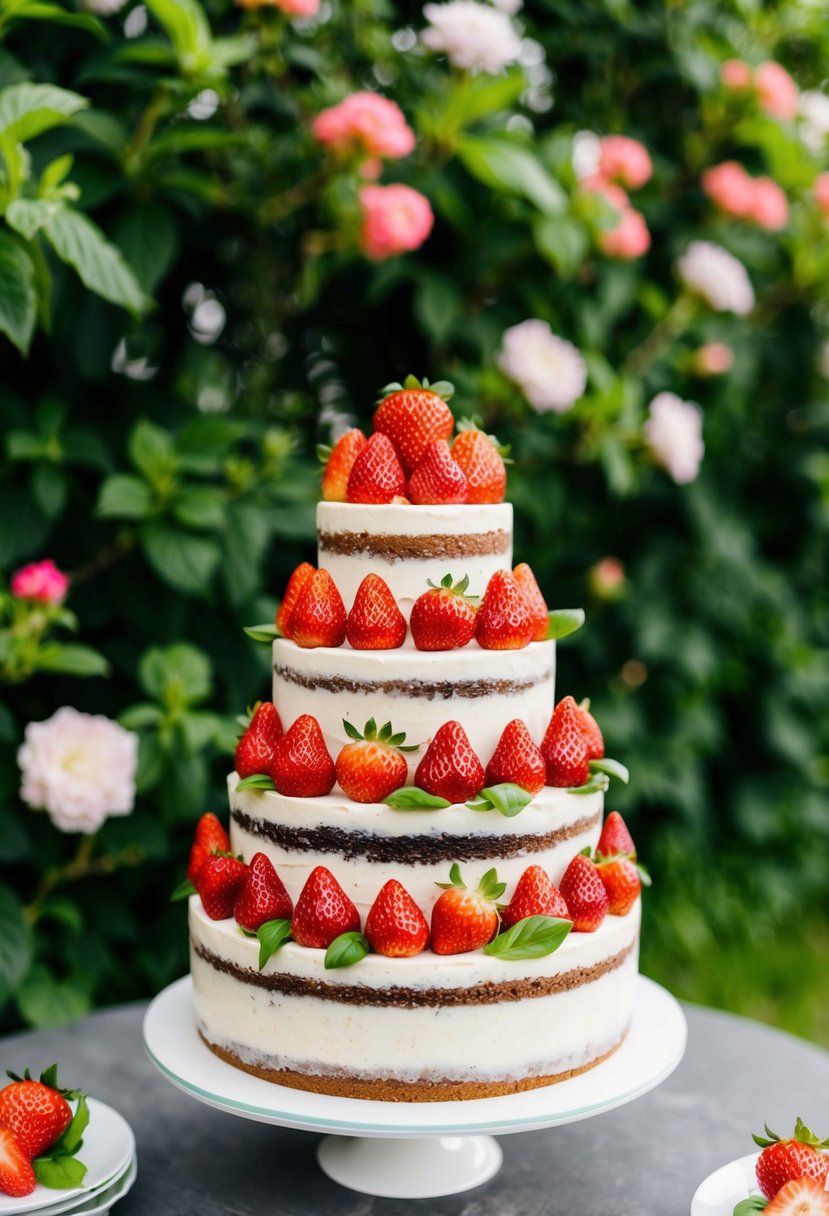 A three-tiered cake adorned with fresh strawberries and basil leaves, set against a backdrop of lush greenery and blooming flowers