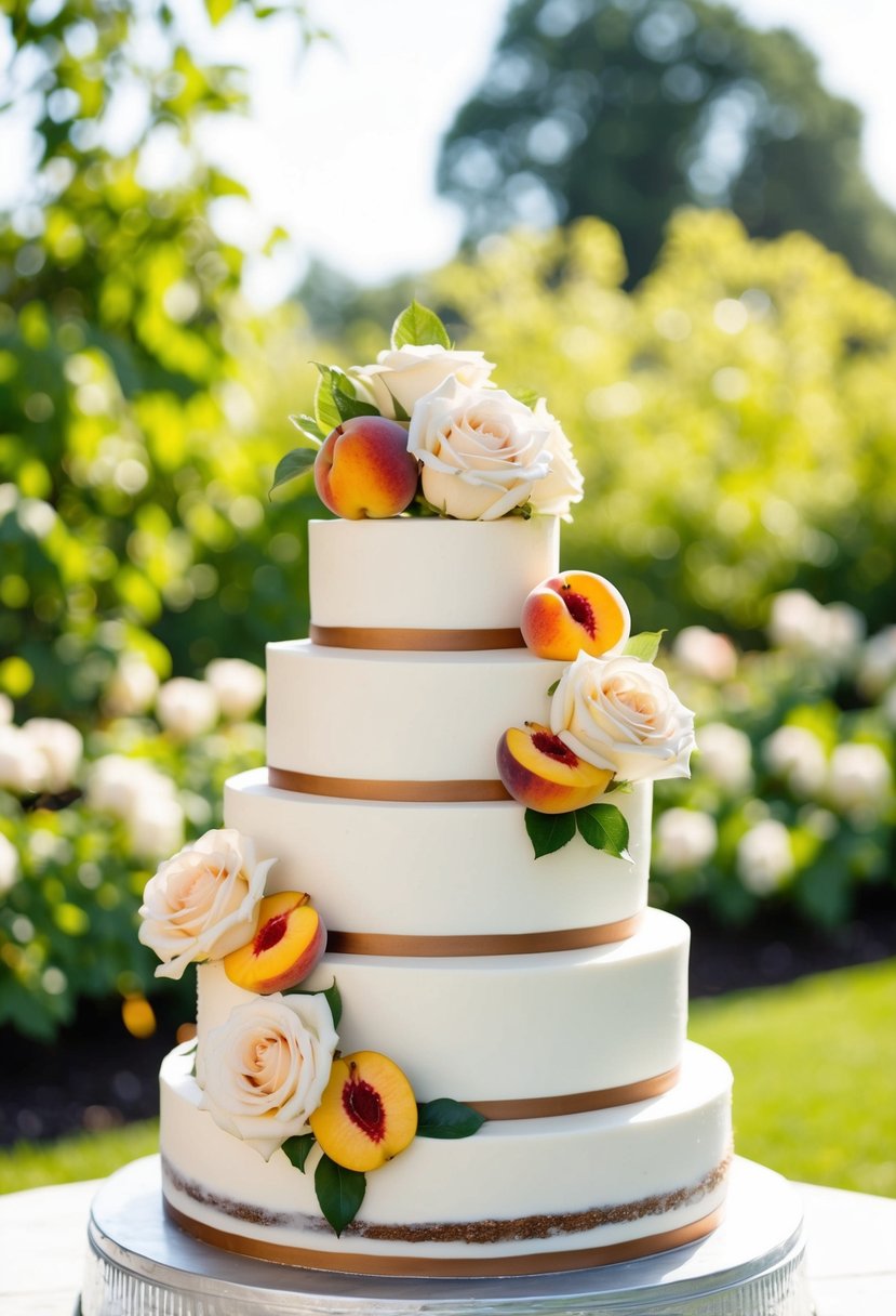 A tiered wedding cake adorned with fresh peaches and cream-colored roses, set against a backdrop of a sunlit garden